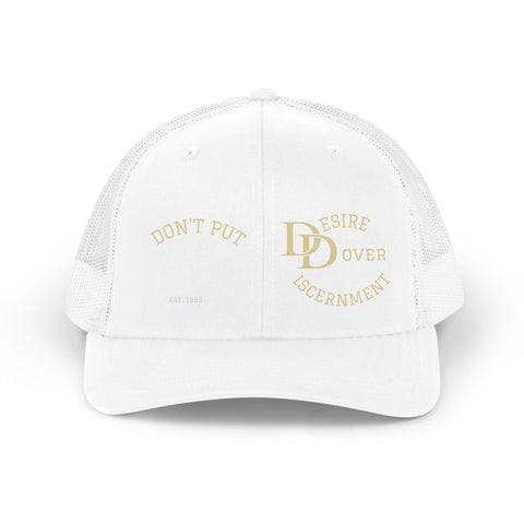 Retro Trucker Hat — Minimal Gold Monogram & 'DESIRE ISUREMENT' Embroidered Mesh Cap